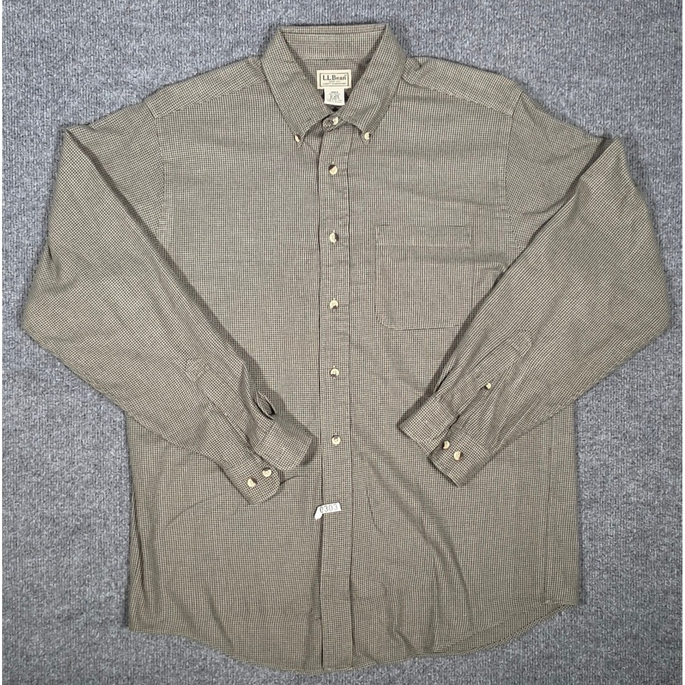 LL Bean Mens Medium Regular Cotton Wool Houndstooth Button Down Shirt Olive Tan